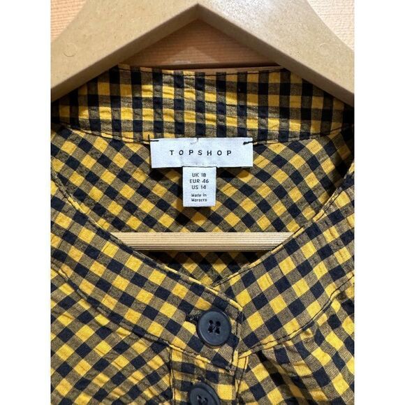 Topshop Textured Check Ruffle Mini Shirt Dress Mustard Sz 14 EUC - Picture 4 of 13